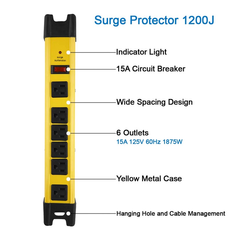 CCCEI Heavy Duty Power Strip Surge Protector with 15A, 6 Plug Industrial Shop Workshop Garden Metal Multiple Outlets, 6FT Extension Cord 1200 Joules ETL Listed, Yellow - Image 2
